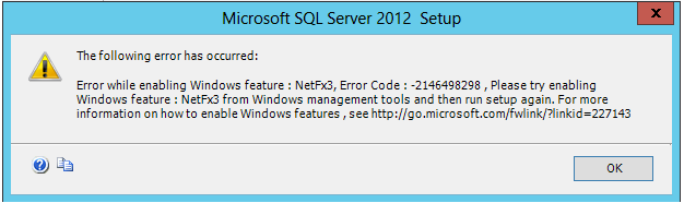 Captura de pantalla del mensaje de error de instalación de SQL Server 2012: Error al habilitar la característica de Windows.