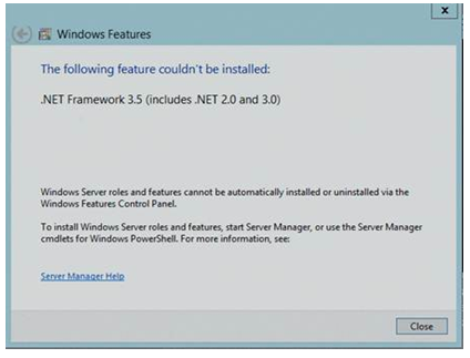 Captura de pantalla del mensaje de error de instalación de .Net Framework 3.5 en servidor completo: no se pudo instalar la característica siguiente.