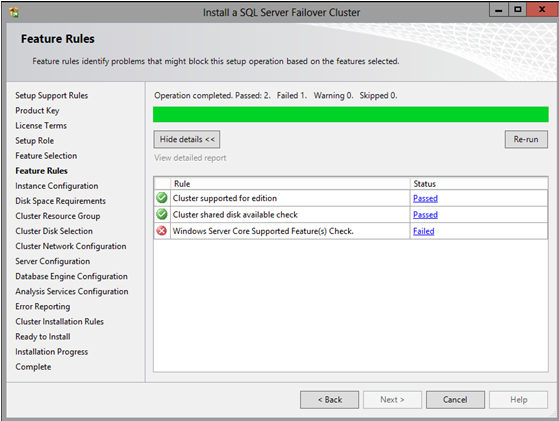 Captura de pantalla de la página Reglas de características, en la que se muestra un error en la comprobación de características admitidas de Windows Server Core.