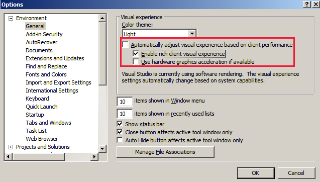 Captura de pantalla de la ventana Opciones en la que se muestra la casilla Ajustar automáticamente la experiencia visual en función del rendimiento del cliente está desactivada.