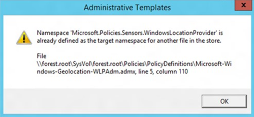 Captura de pantalla de la ventana Plantillas administrativas que muestra el mensaje de error.