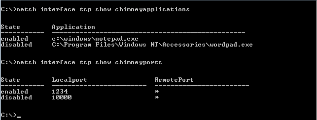 Captura de pantalla de la salida del comando netsh que muestra la configuración de chimenea.