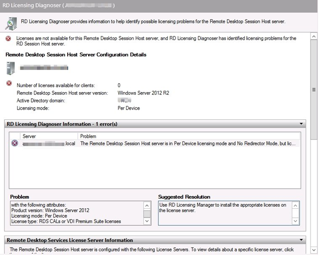 Captura de pantalla del cuadro de diálogo Diagnóstico de licencias de Escritorio remoto.