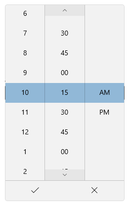Selector de hora que muestra incrementos de 15 minutos.
