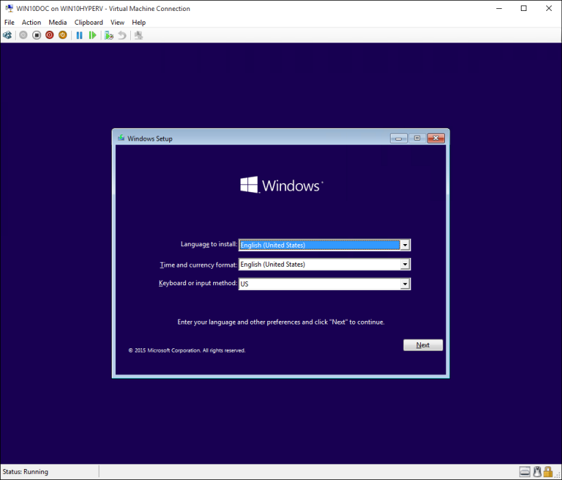 Screenshot of a Virtual Machine Connection window, showing the virtual machine's Windows Setup installation screen.