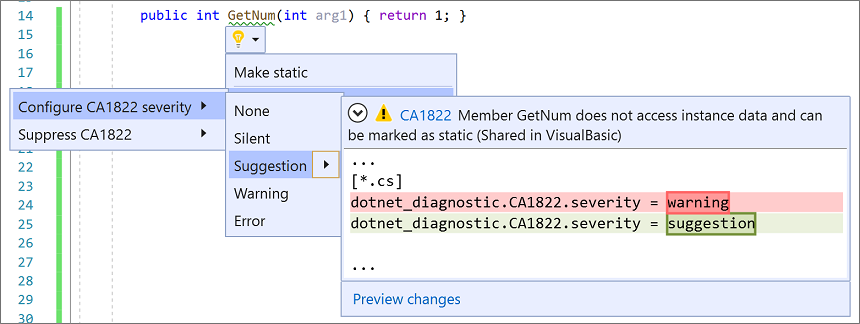 Captura de pantalla que muestra la gravedad de la regla seleccionada en el menú de bombilla de Visual Studio 2019.