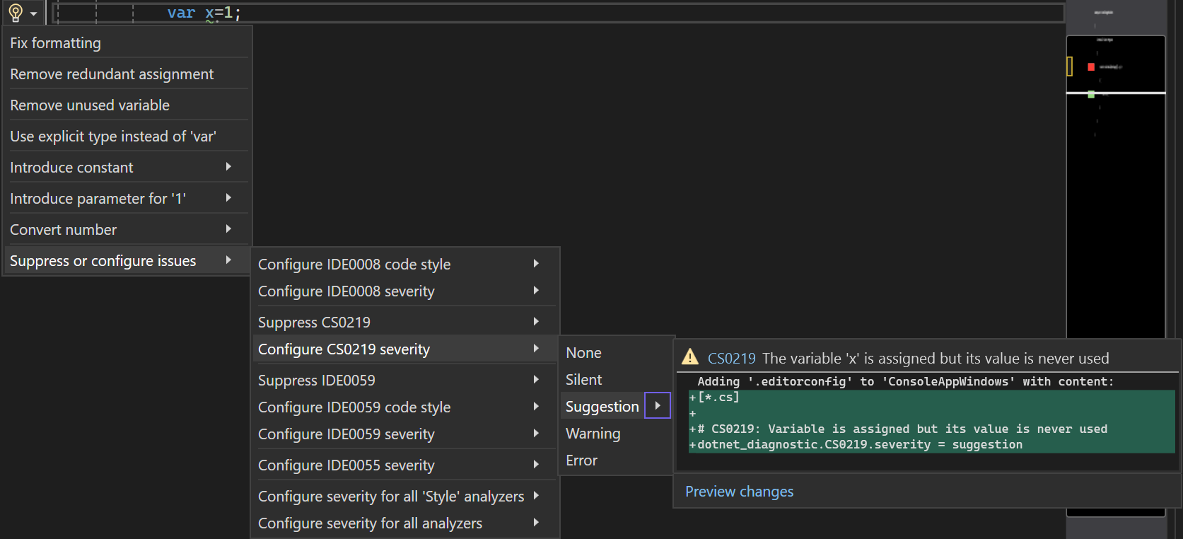 Captura de pantalla que muestra la gravedad de la regla seleccionada en el menú de bombilla de Visual Studio 2022.