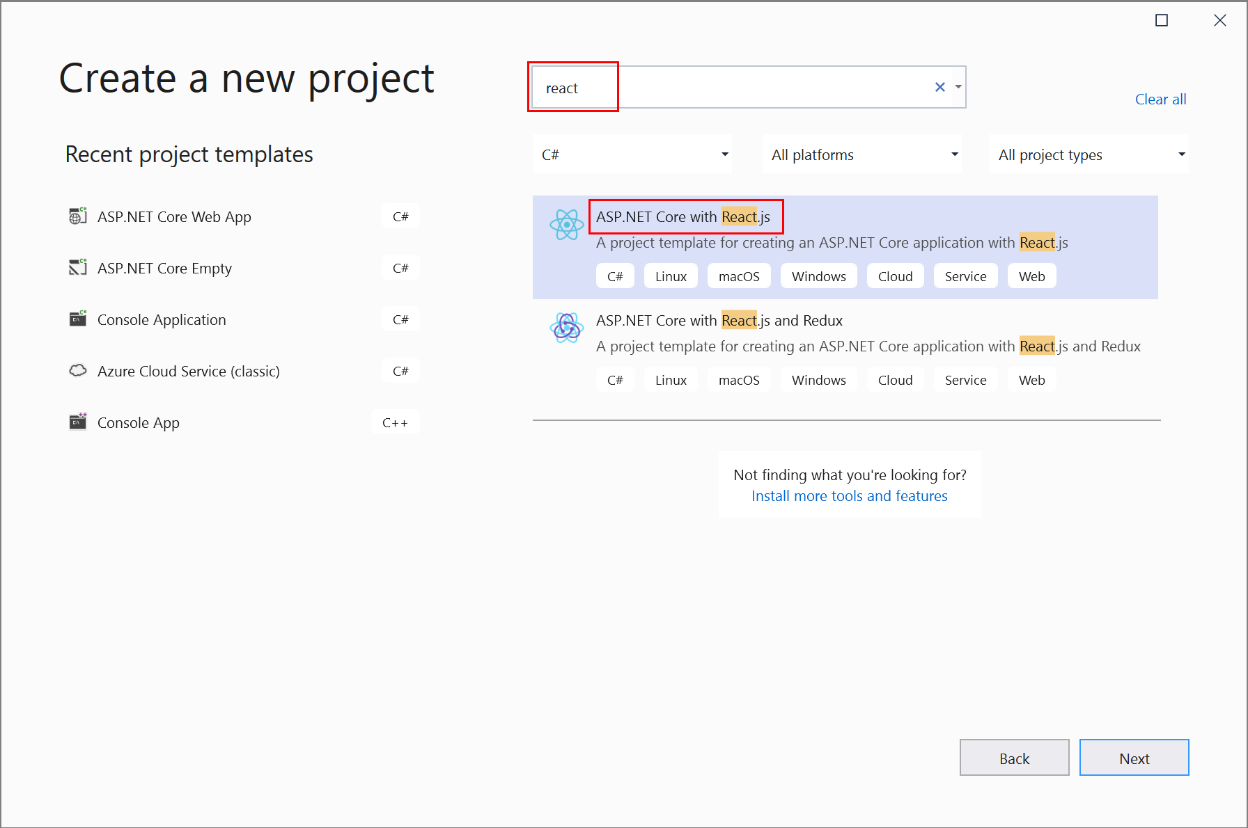 Captura de pantalla de la creación de un nuevo proyecto de React.js.