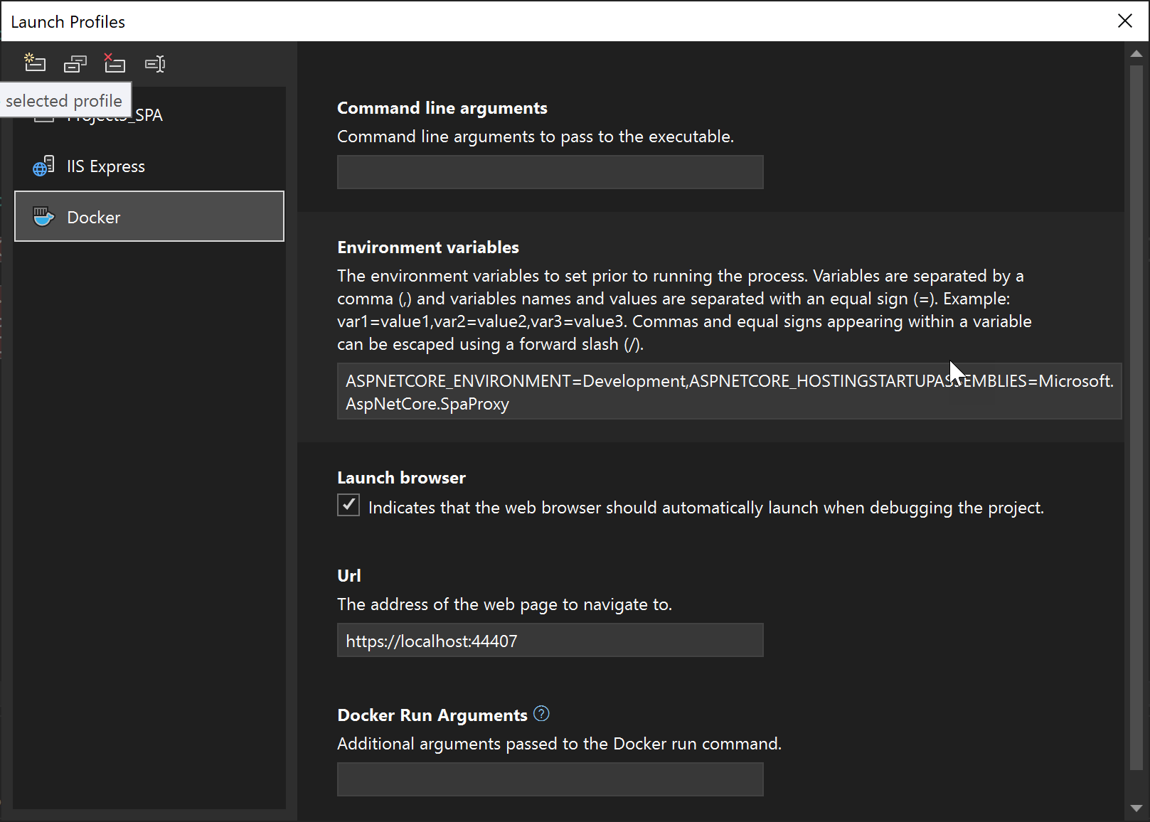 Captura de pantalla de la configuración del perfil de inicio de depuración para la depuración de cliente.