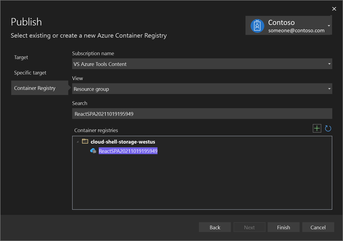 Captura de pantalla que muestra Seleccionar o crear una nueva instancia de Azure Container Registry.
