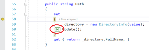 Captura de pantalla del depurador de Visual Studio en la que se muestra el botón Ejecutar hasta clic justo a la izquierda de una llamada a función.
