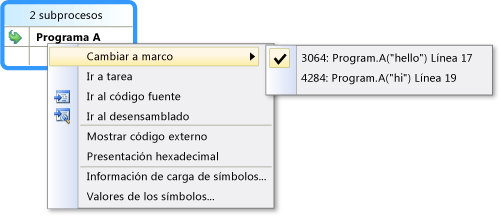 Shortcut menu in Parallel Stacks window