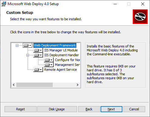 Captura de pantalla que muestra los componentes de Web Deploy 4.0