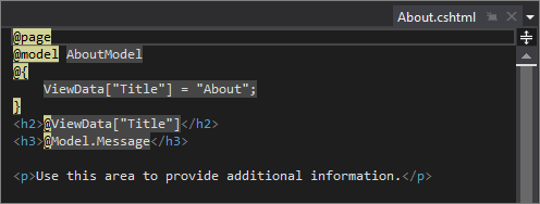 Captura de pantalla en la que se muestran las 10 primeras líneas del archivo About.cshtml en el editor de código de Visual Studio.