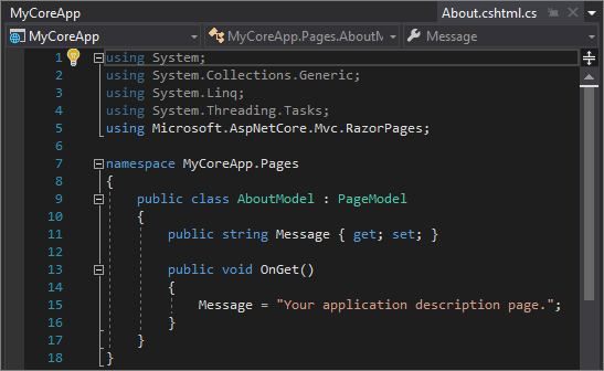 Captura de pantalla en la que se muestran las 18 primeras líneas del archivo About.cshtml.cs en el editor de código de Visual Studio. 