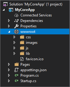 Captura de pantalla en la que se muestra la carpeta wwwroot seleccionada en el Explorador de soluciones de Visual Studio.