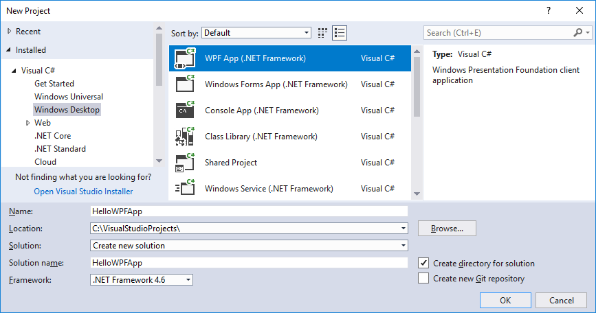 Plantilla de aplicación de WPF en el cuadro de diálogo Nuevo proyecto de Visual Studio