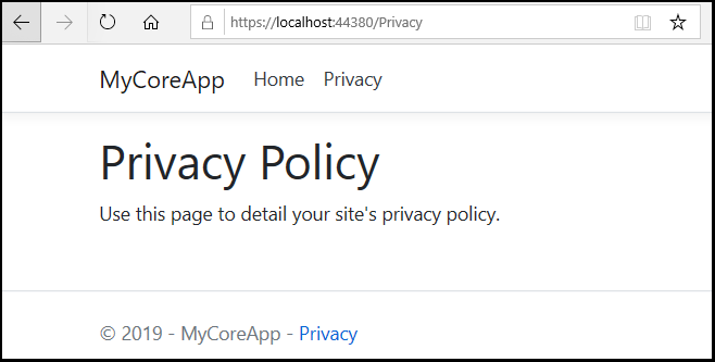 Captura de pantalla en la que se muestra la página de privacidad de MyCoreApp con un texto que indica que se use la página para detallar la directiva de privacidad del sitio.