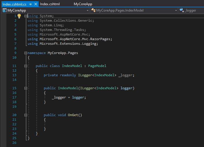 Captura de pantalla en la que se muestra el archivo Index.cshtml.cs abierto en el editor de código de Visual Studio.
