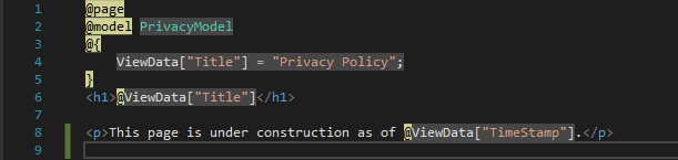 Captura de pantalla en la que se muestra el archivo Privacy.cshtml abierto en el editor de código de Visual Studio con el texto actualizado.