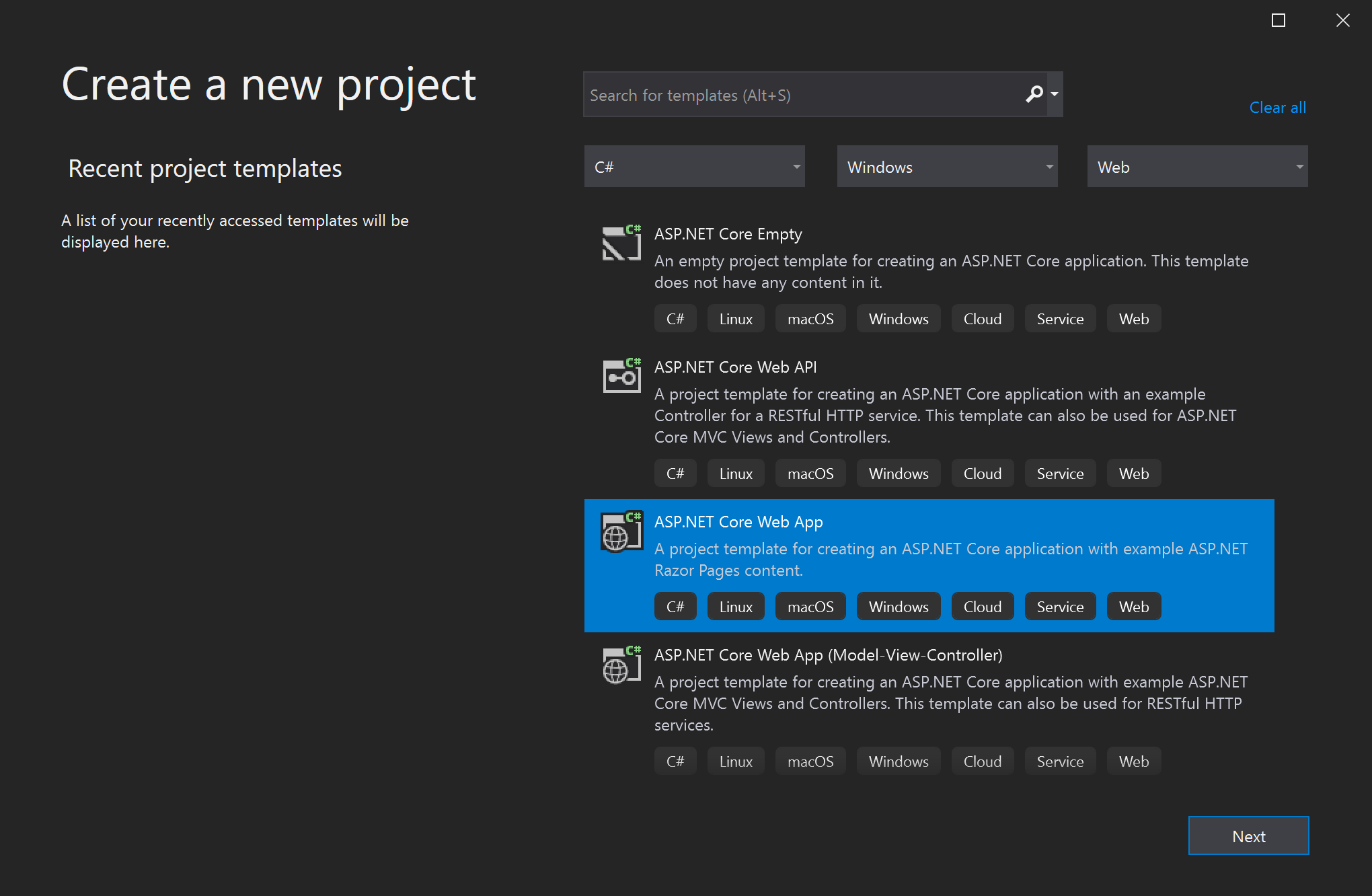 Captura de pantalla en la que se muestra la plantilla de proyecto de aplicación web de ASP.NET Core resaltada en el cuadro de diálogo Nuevo proyecto.