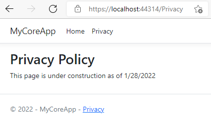 Captura de pantalla en la que se muestra la página Privacidad de MyCoreApp con los cambios realizados para agregar la fecha.