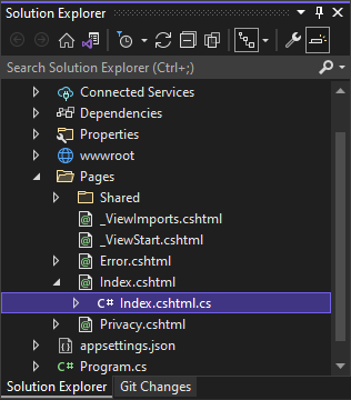 Captura de pantalla del Explorador de soluciones en Visual Studio en la que se muestra el archivo Index.cshtml.cs seleccionado.