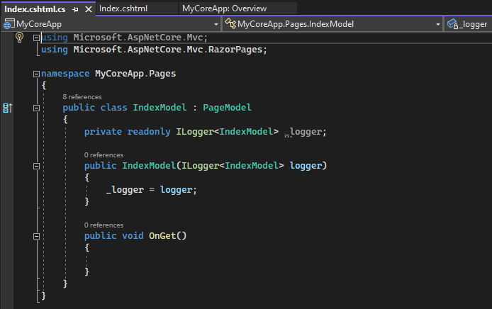 Captura de pantalla en la que se muestra el archivo Index.cshtml.cs abierto en el editor de código de Visual Studio.