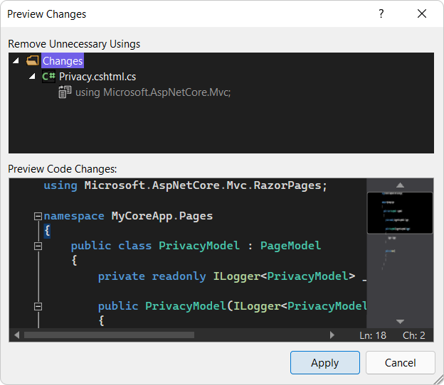 Captura de pantalla en la que se muestra el cuadro de diálogo Vista previa de los cambios con la nueva lista de instrucciones Using y el código del archivo Privacy.cshtml.