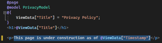 Captura de pantalla en la que se muestra el archivo Privacy.cshtml abierto en el editor de código de Visual Studio con el texto actualizado.