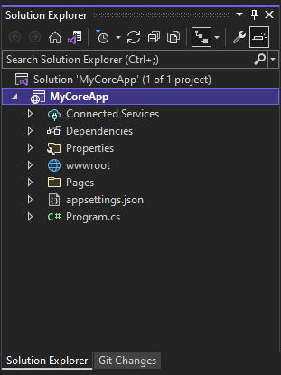 Captura de pantalla en la que se muestra el proyecto MyCoreApp seleccionado y su contenido en el Explorador de soluciones en Visual Studio.