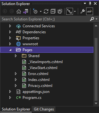 Captura de pantalla del Explorador de soluciones en Visual Studio en la que se muestra el contenido de la carpeta Páginas de &quot;MyCoreApp&quot;.