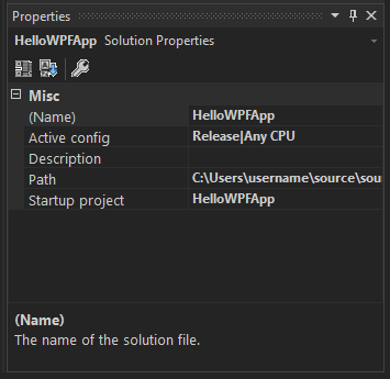 Captura de pantalla de la ventana Propiedades que muestra la sección Varios de las propiedades de la solución correspondientes al proyecto HelloWPFApp.