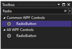 Captura de pantalla de la ventana Cuadro de herramientas con el control RadioButton seleccionado en la lista de controles WPF comunes.