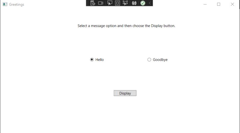 Captura de pantalla de la ventana Greetings con los controles TextBlock, RadioButtons y Button visibles. El botón de radio &quot;Hello&quot; está seleccionado.