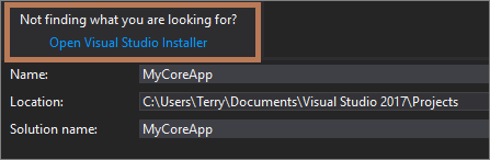 Seleccione el vínculo Abrir el Instalador de Visual Studio en el cuadro de diálogo Nuevo proyecto.