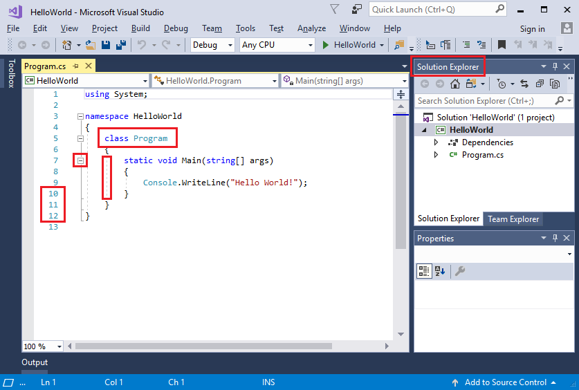 Captura de pantalla que muestra el IDE de Visual Studio con cuadros rojos.