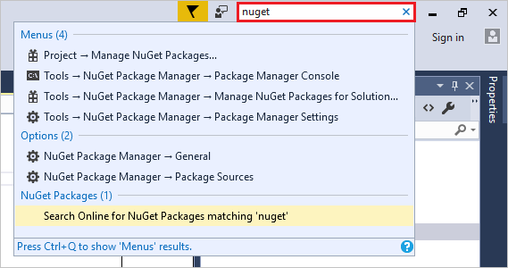 Captura de pantalla que muestra el cuadro de búsqueda de inicio rápido de Visual Studio 2017.