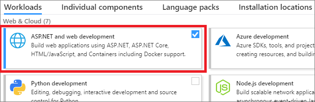 Carga de trabajo Desarrollo multiplataforma de .NET Core en el instalador de Visual Studio