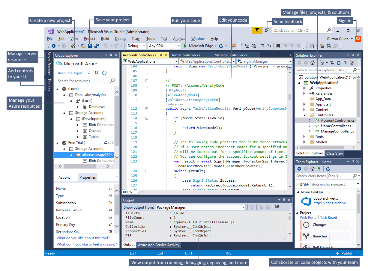 Captura de pantalla que muestra el IDE de Visual Studio 2017.