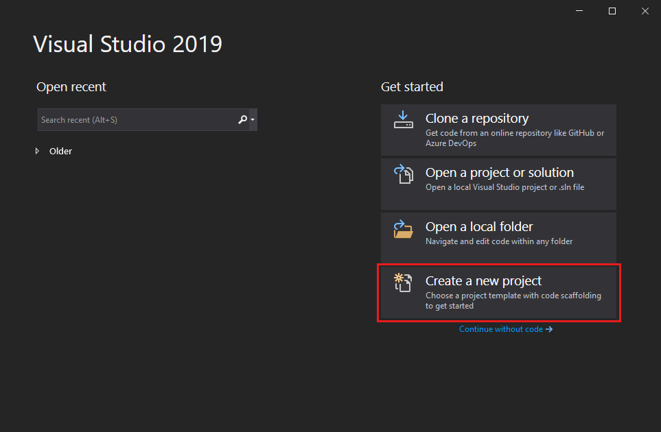 Captura de pantalla en la que se muestra la ventana de inicio de Visual Studio con la opción &quot;Crear un nuevo proyecto&quot; resaltada.