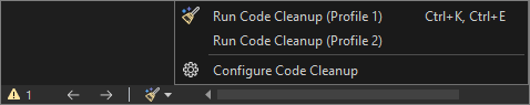 Captura de pantalla que muestra el icono y el menú Limpieza de código de Visual Studio.