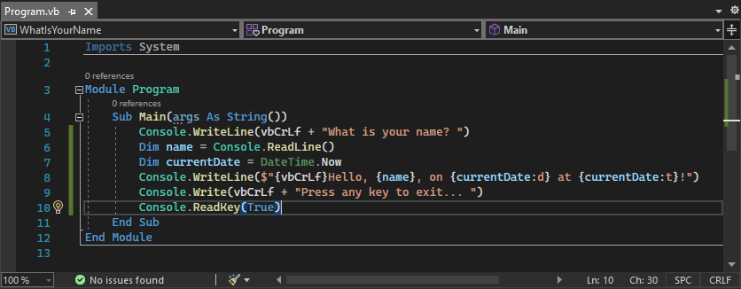 Captura de pantalla en la que se muestra el código para el archivo "Program.vb" en el proyecto "WhatIsYourName" cargado en el editor de código de Visual Basic