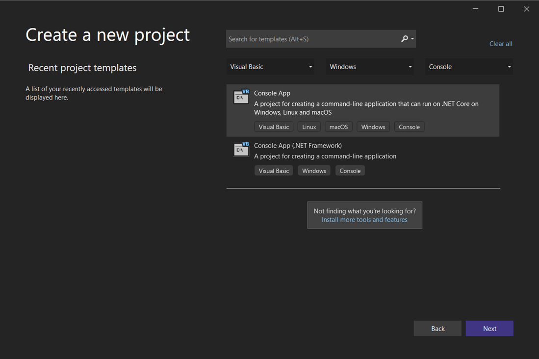 Captura de pantalla en la que se muestra la ventana "Crear un proyecto" con "Visual Basic", "Windows" y "Consola" seleccionados en los filtros de lenguaje, plataforma y tipo de proyecto. La plantilla de proyecto Aplicación de consola está seleccionada