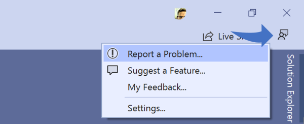 Captura de pantalla en la que se muestra el icono de comentarios seleccionado en la esquina superior derecha de la ventana de Visual Studio y la opción Notificar un problema seleccionada en el menú contextual.
