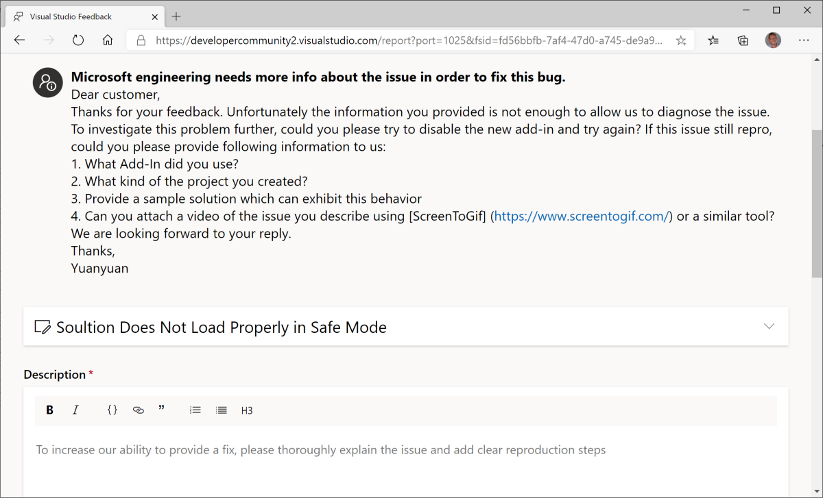 Captura de pantalla de la ventana de comentarios de Visual Studio en la que se muestra la información que solicita Microsoft para resolver el problema.