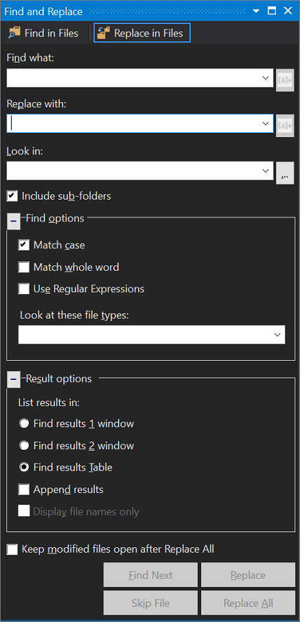 Screenshot of the Find and Replace dialog box in Visual Studio 2017, with the Replace in Files tab open.