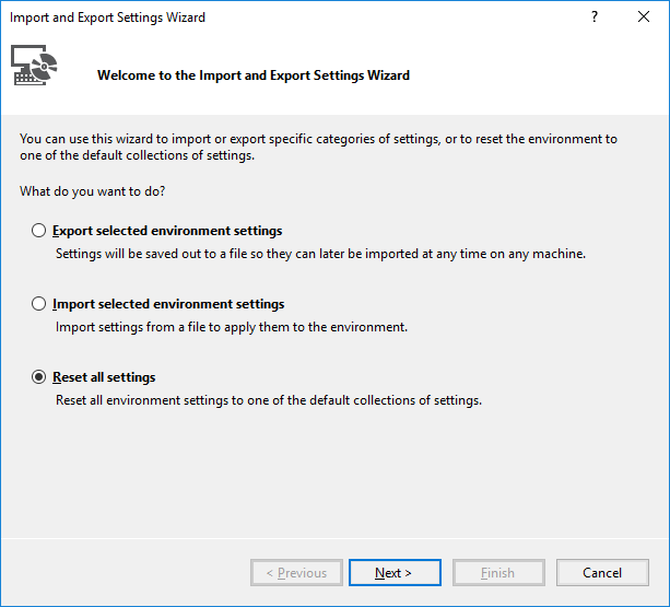 Import and Export Settings Wizard in Visual Studio