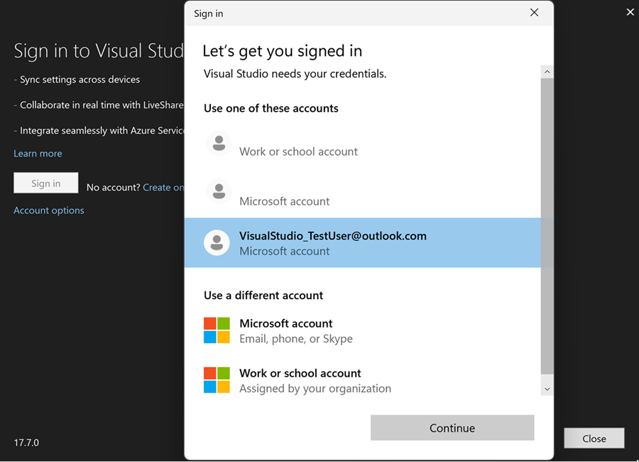 Add additional accounts to Visual Studio with the Windows authentication broker workflow.