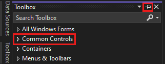Captura de pantalla en la que se selecciona el icono que sirve para anclar la ventana Cuadro de herramientas al IDE.